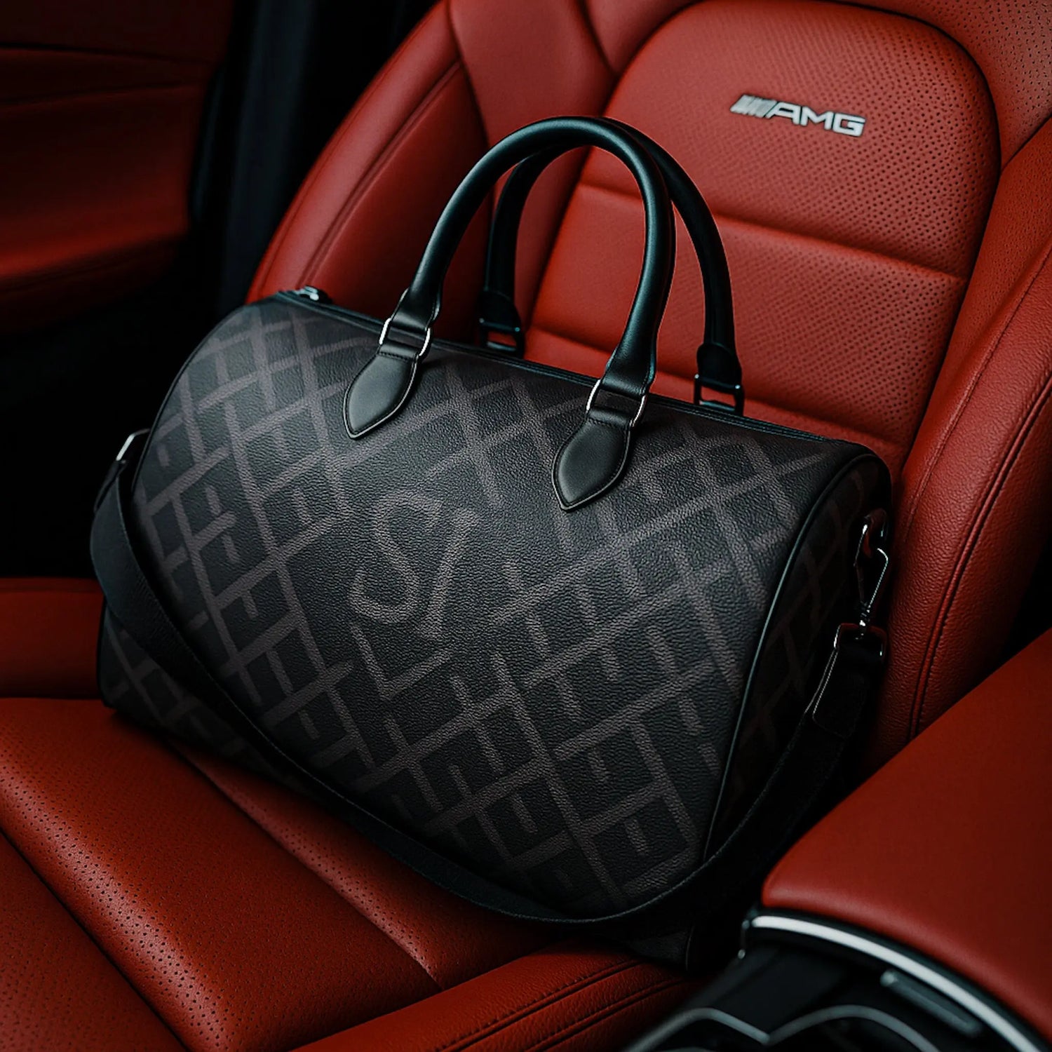 luxury-black-leather-splash-ice-duffel-bag-with-tonal-monogram-resting-on-red-amg-seat-symbolizing-quiet-luxury-and-movement