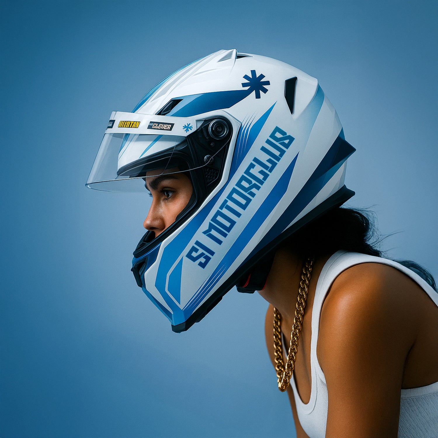 female wearing a white and blue motorcycle helmet with 'SI Motorclub' branding against a blue background
